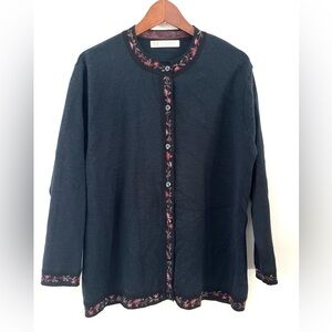 Camela Vintage Wool Black Cardigan Beautiful Black Buttons w/ Rhinestone Large